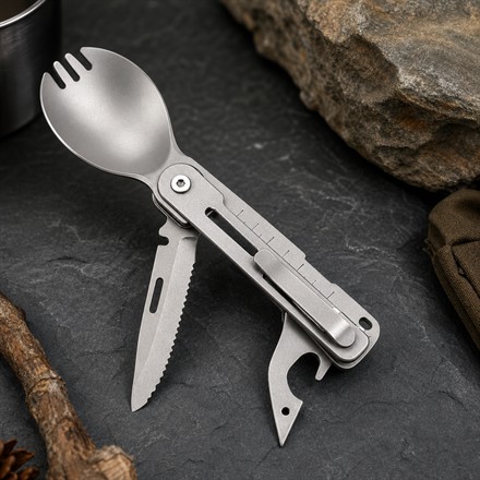 Titanium folding spork multitool with fold-out camp tools