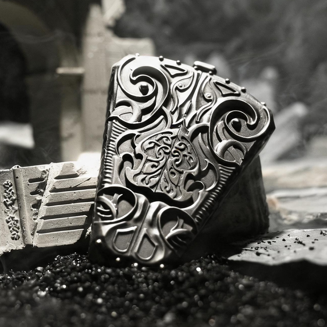 OMENDIAL DICE closed metal shell with engraved ornamental pattern
