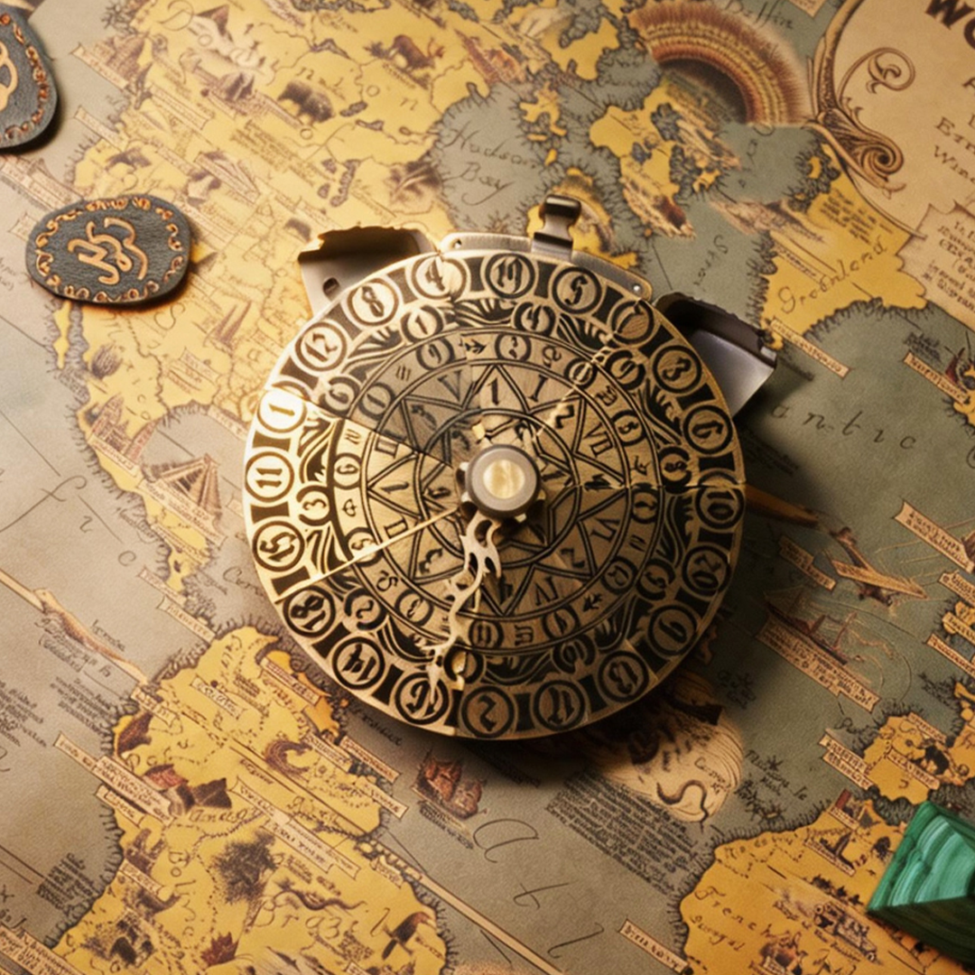 OMENDIAL DICE opened on a map showing the circular brass dial