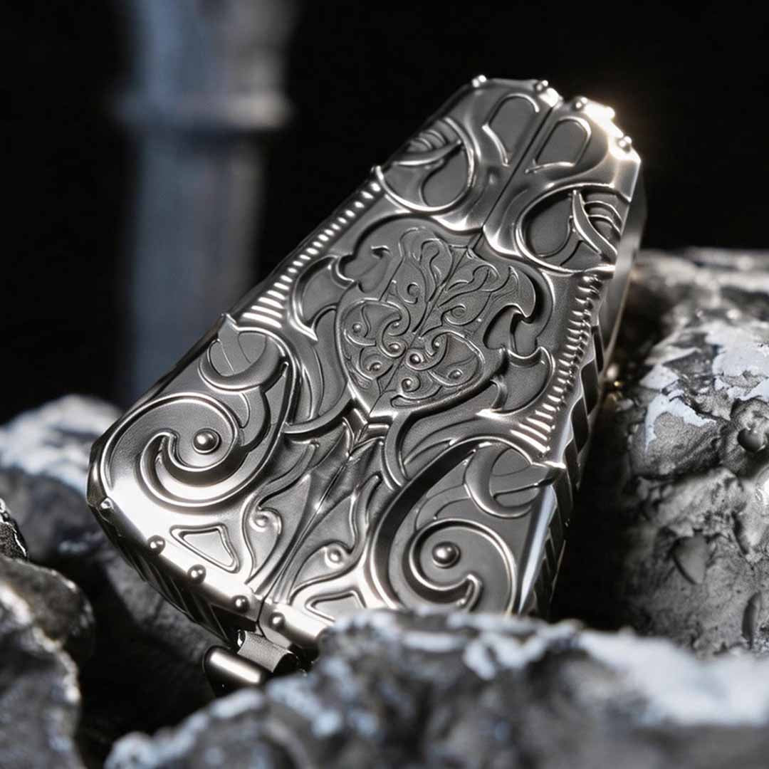 OMENDIAL DICE closed engraved case resting on a dark textured surface