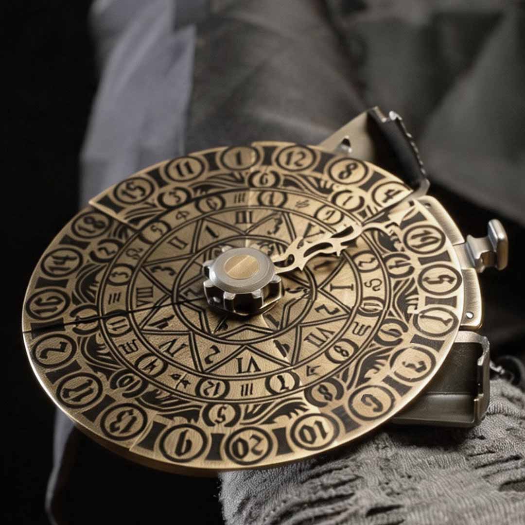 OMENDIAL DICE circular brass dial shown close up in open position