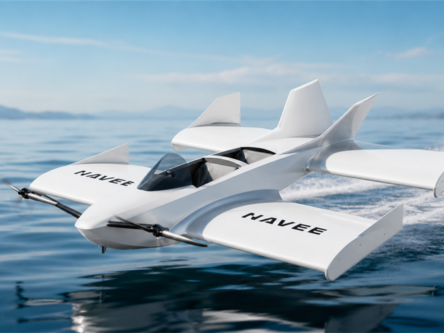 Flying speedboat-style wing-in-ground craft riding above the water surface