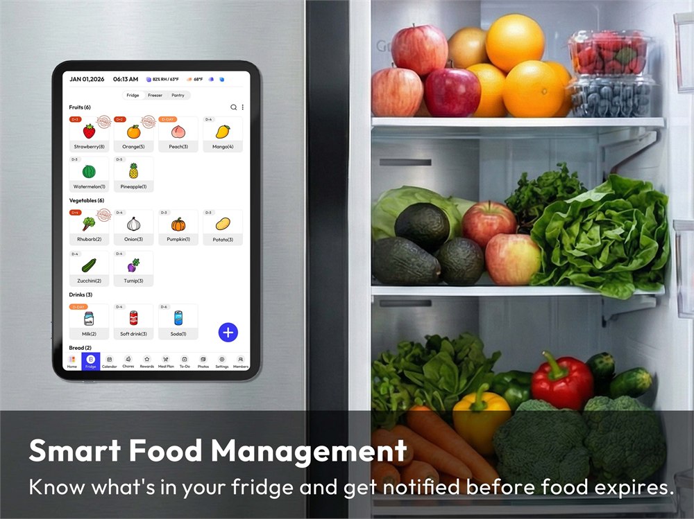 Everblog FridgeCal smart fridge calendar showing food inventory beside an open refrigerator