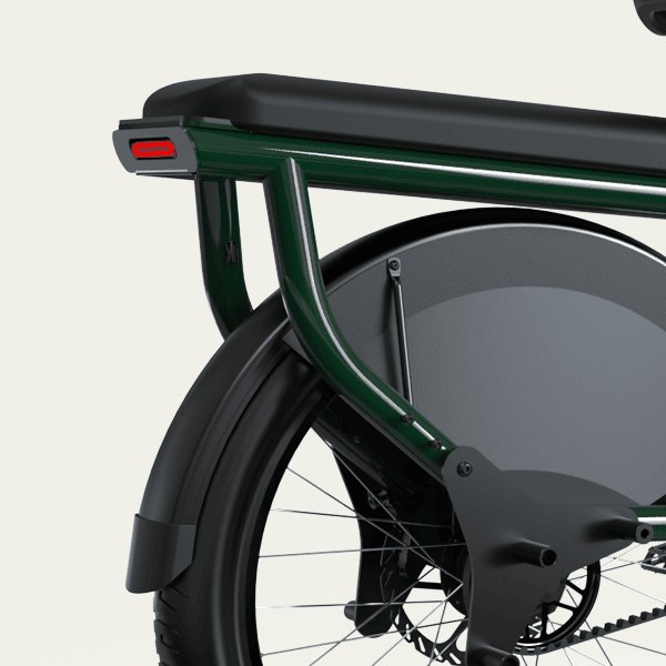 Rear longtail passenger seat on the Galian Le Formidable cargo e-bike