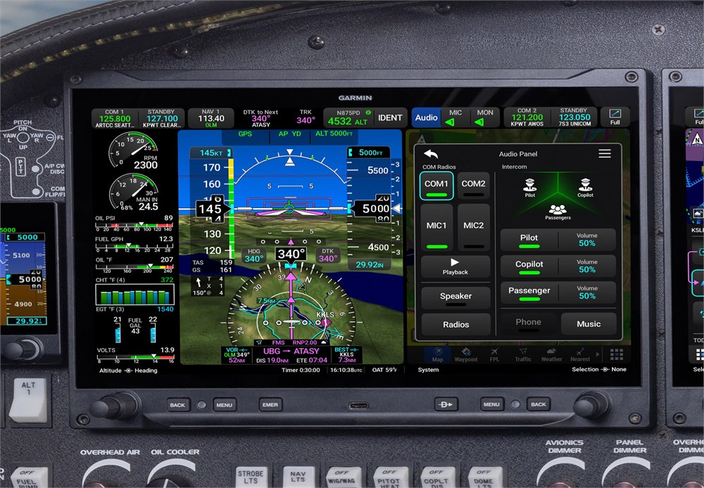 Garmin AXIS display showing integrated audio panel controls