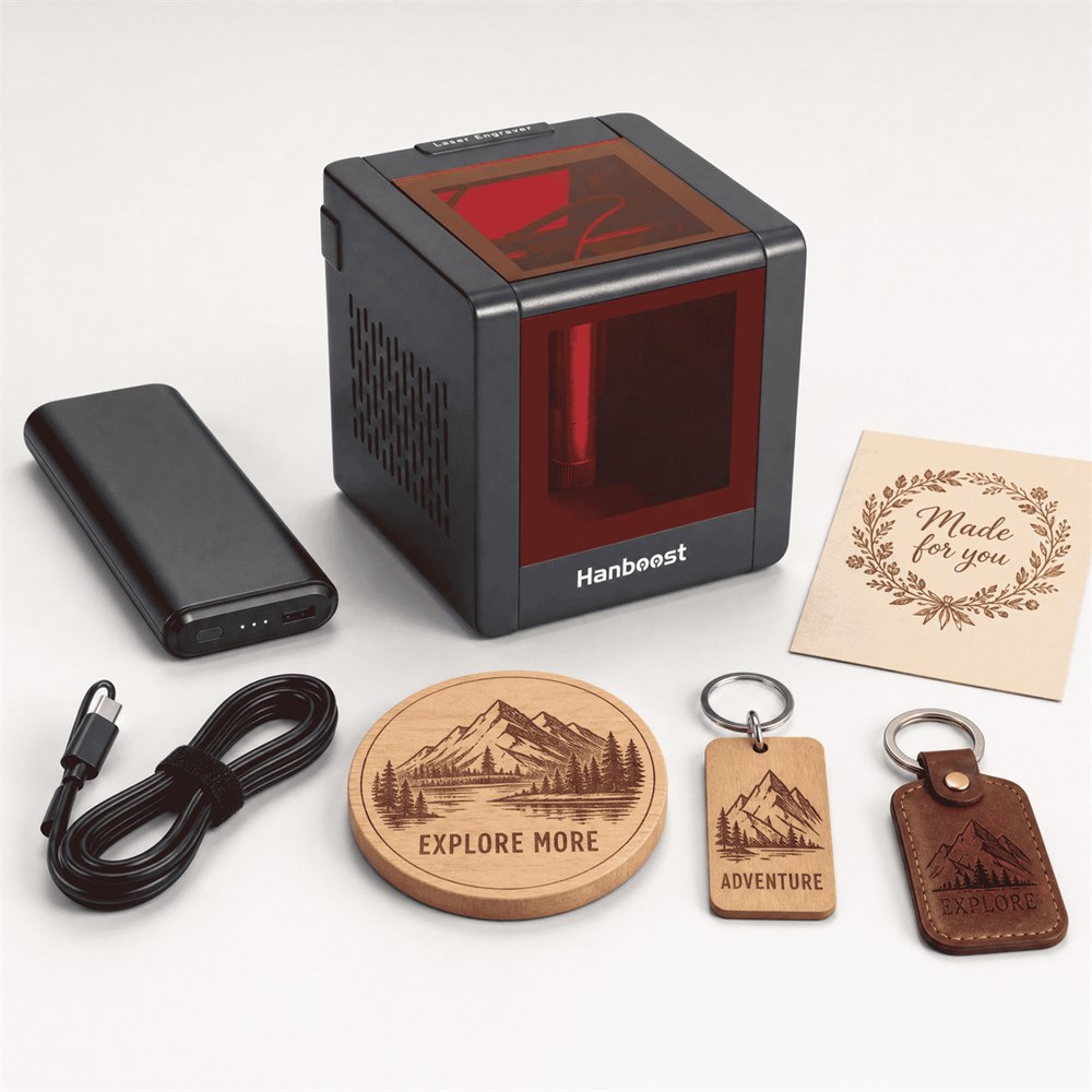 Hanboost T1 portable laser engraver with power bank, USB-C cable, and engraved samples