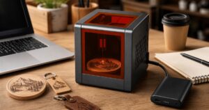 Hanboost T1 portable laser engraver on a maker desk with engraved samples