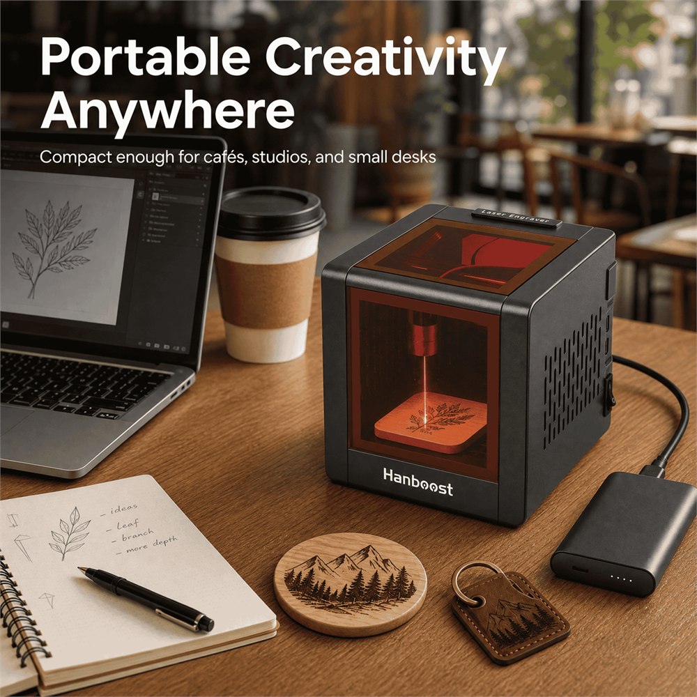 Hanboost T1 enclosed laser engraver on a desk for portable creative work