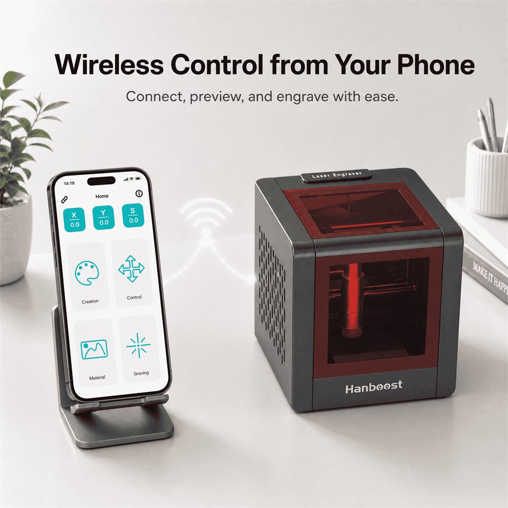 Hanboost T1 portable laser engraver shown with phone app controls