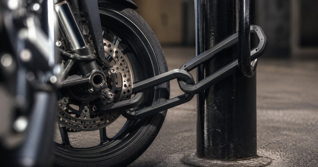 Generated editorial image of the Hiplok L1000 LINK securing a motorcycle wheel to an anchor