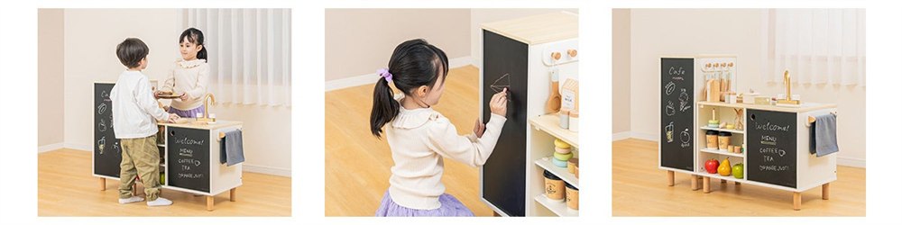 HOPPL transforming play kitchen shop counter and blackboard side