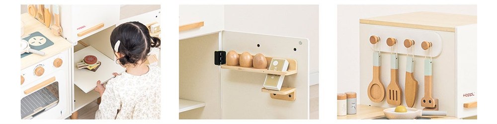 HOPPL play kitchen refrigerator shelf, door storage, and hanging wooden utensils