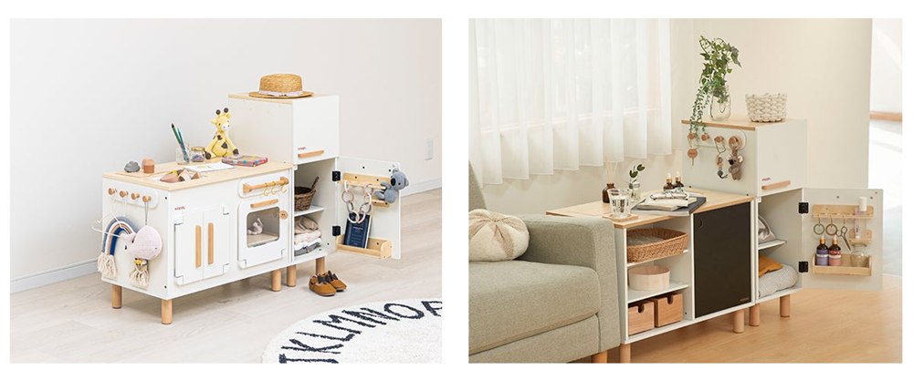 HOPPL transforming play kitchen converted into storage furniture in a living room