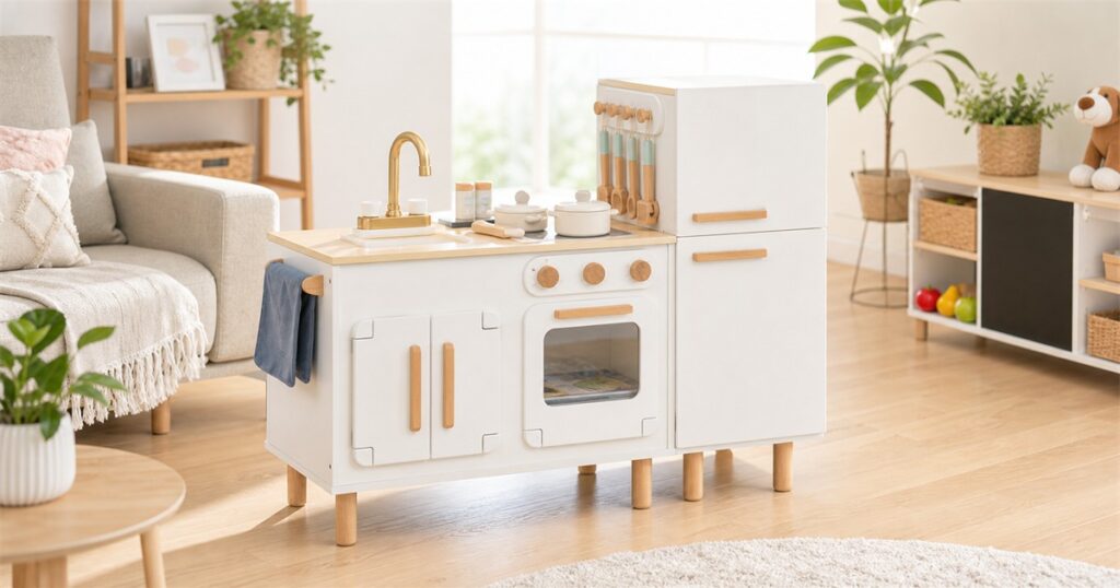 No-text editorial image of the HOPPL transforming play kitchen