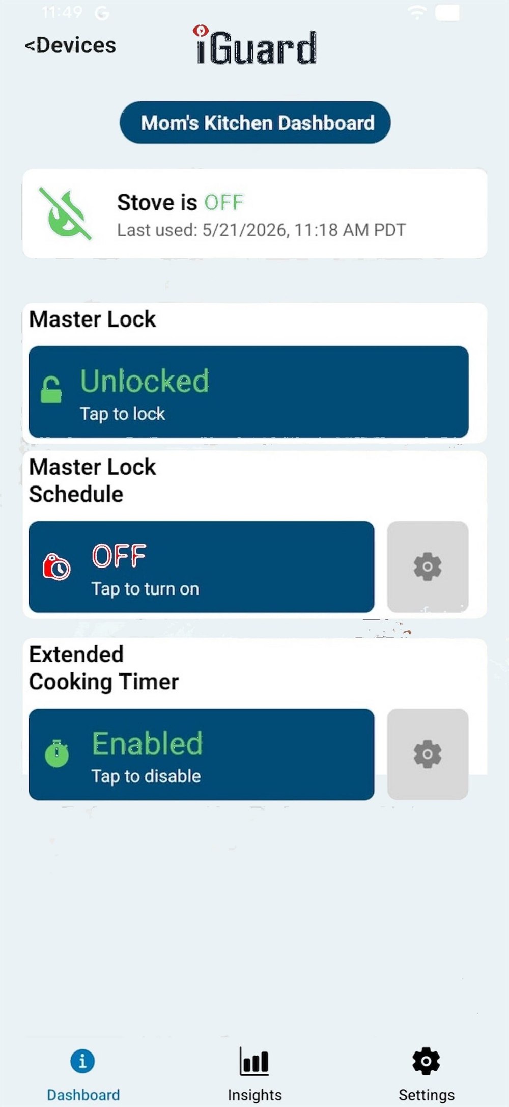 iGuard mobile app dashboard showing stove status and lock controls
