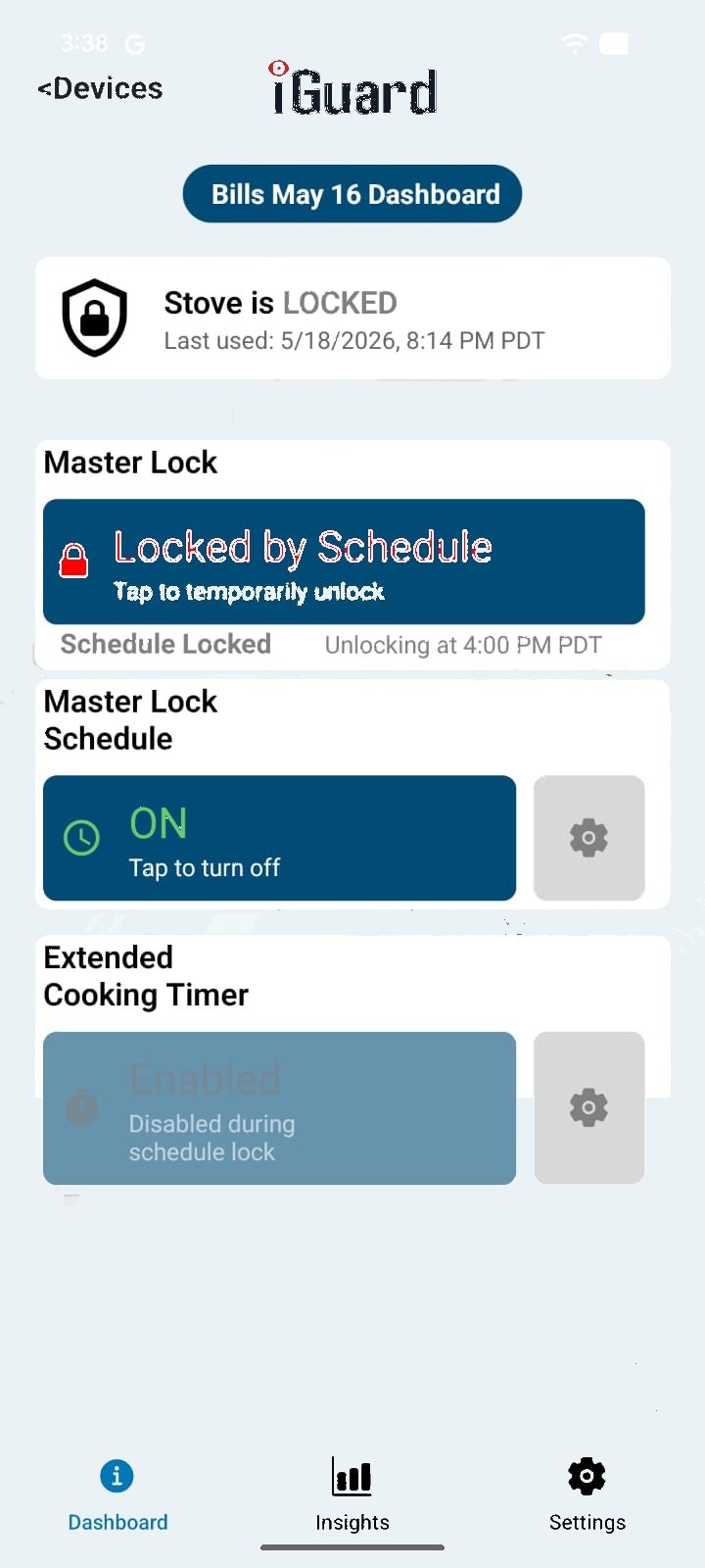 iGuard mobile app schedule lock control screen for stove safety
