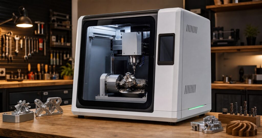 InfiMaker K1 enclosed desktop 5-axis CNC machine on a workshop bench