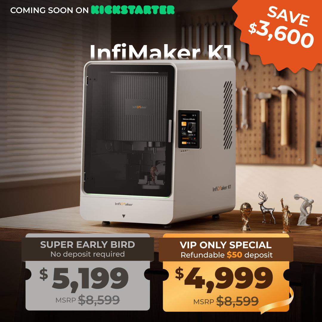 InfiMaker K1 desktop 5-axis CNC machine with Kickstarter pricing information