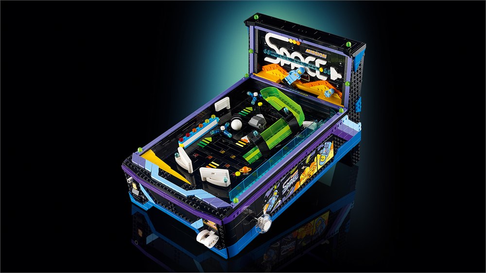 Alternate angle of the LEGO Icons Arcade Pinball Machine showing the tabletop cabinet