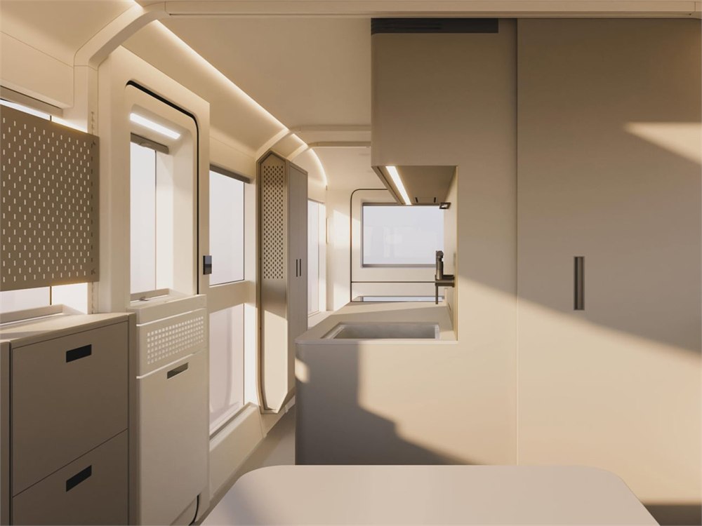 Aboard T4 trailer with its aerodynamic exterior and large glass band
