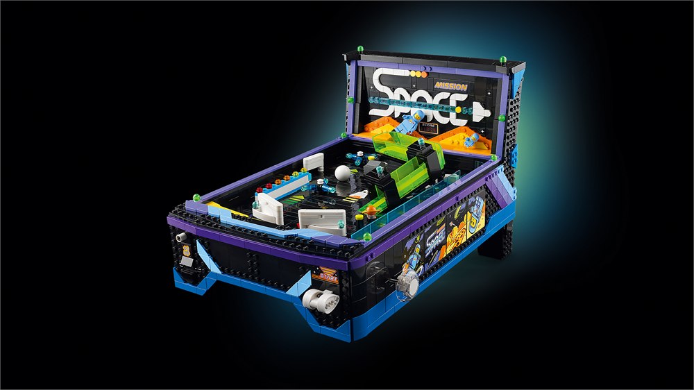 Playfield detail of the LEGO Icons Arcade Pinball Machine with bumpers and ramp
