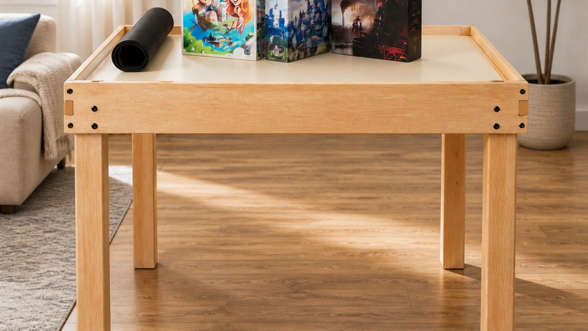 Square view of a light wood game table in a living room