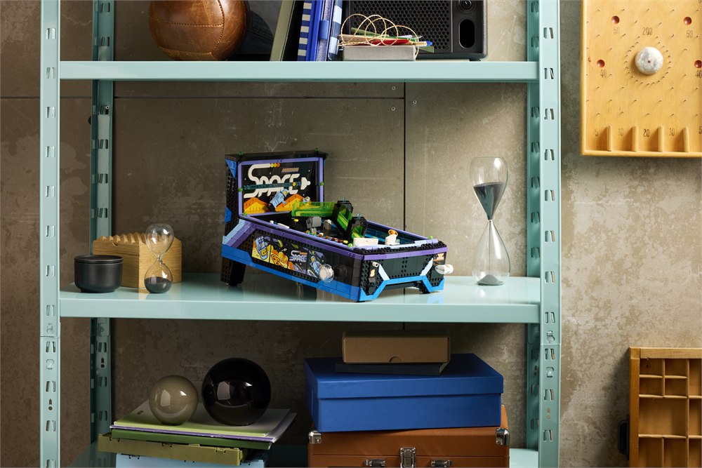 LEGO Icons Arcade Pinball Machine displayed on a shelf in a game room setting