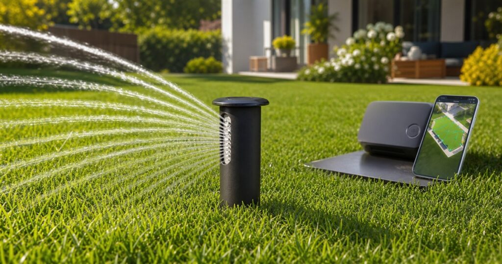 Irrigreen smart in-ground sprinkler head watering a green lawn with mapped water streams.