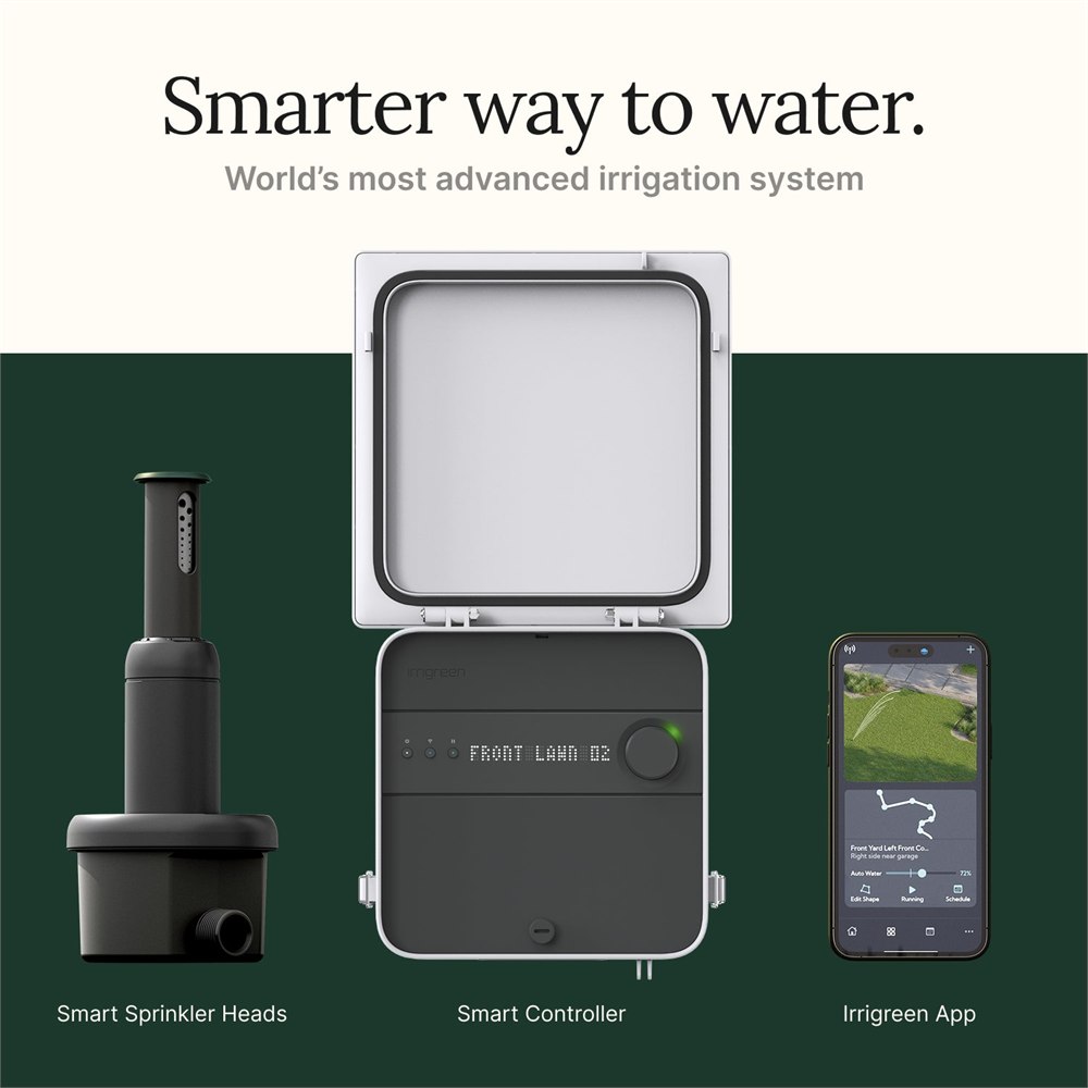 Irrigreen Smart In-Ground Sprinkler System 3 kit with smart head, controller, and app.