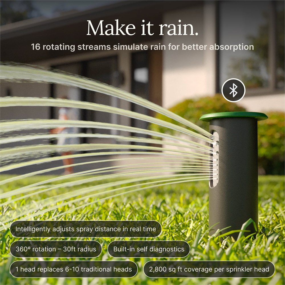 Irrigreen smart sprinkler head spraying multiple water streams from its side nozzle.