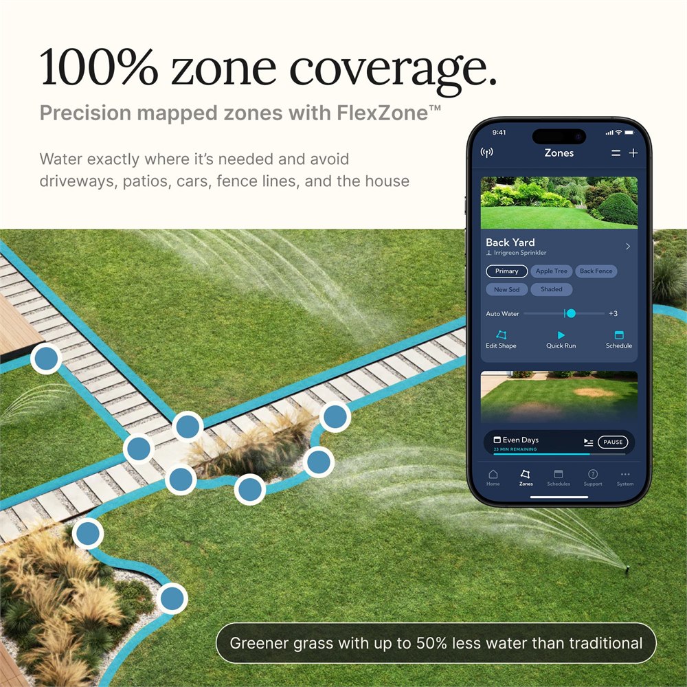 Irrigreen app showing mapped lawn coverage for a smart sprinkler zone.