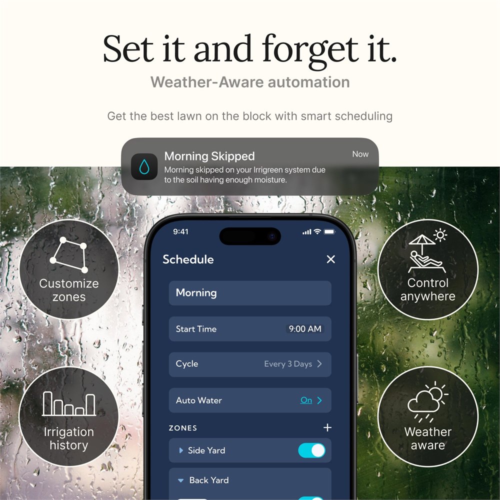 Irrigreen app screen showing weather-aware watering and smart irrigation controls.