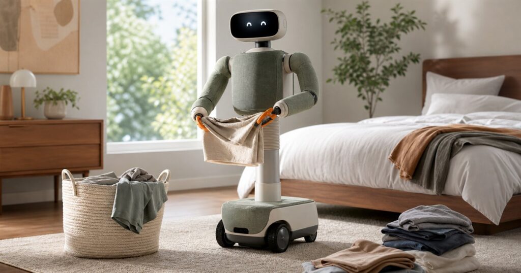 Isaac 1 home robot in a bedroom holding laundry