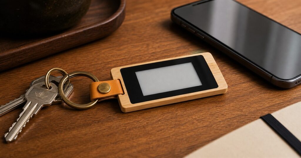 Generated product image of the KEEP connected e-ink keychain on a desk