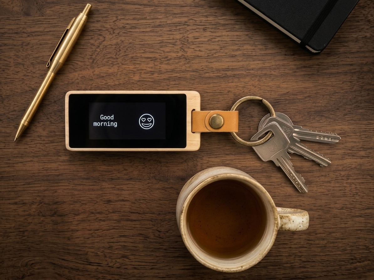 KEEP connected e-ink keychain with keys on a desk