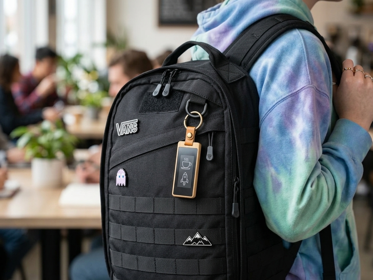 KEEP connected e-ink keychain attached to a backpack