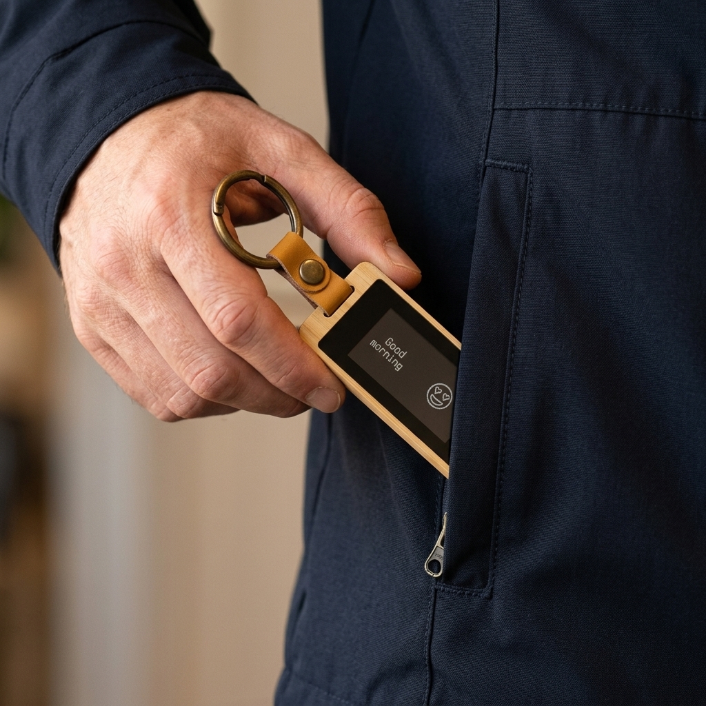 KEEP connected e-ink keychain carried in a pocket