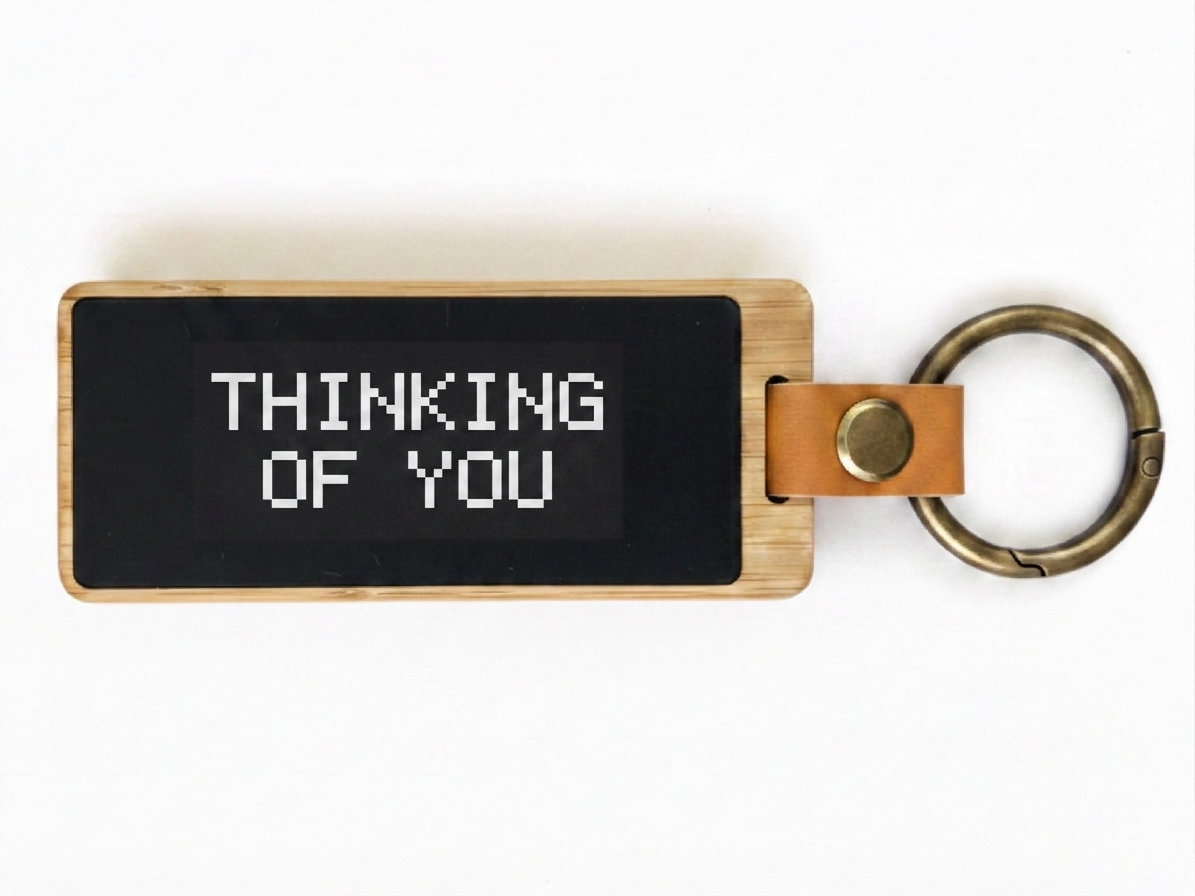 Closeup of the KEEP keychain e-ink screen