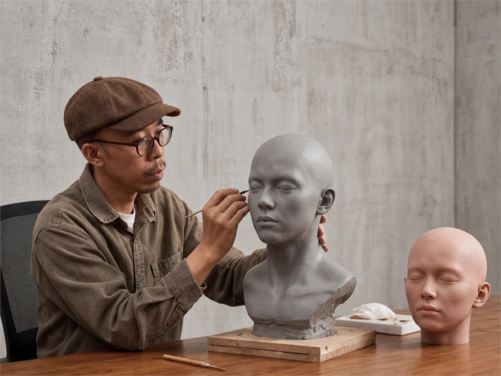 KOIBOT artisan sculpting a ROLA robot head form