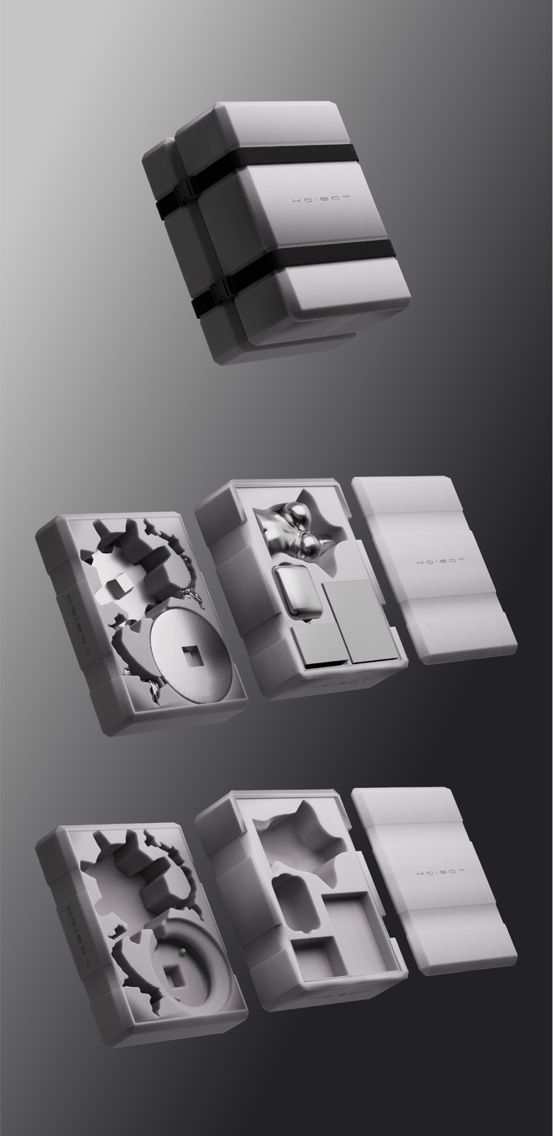 Exploded view of the KOIBOT ROLA One protective foam shipping case