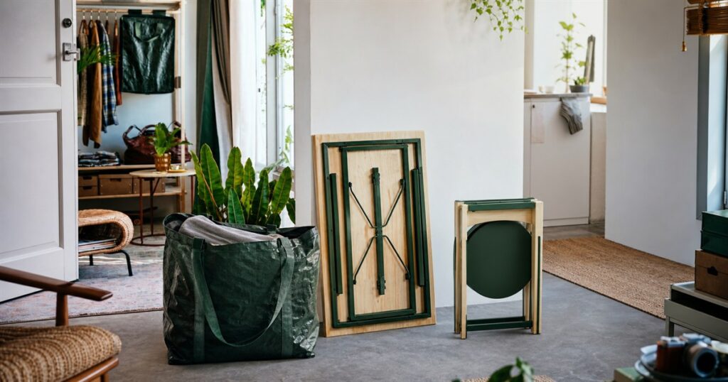 IKEA KOMPISHANG portable folding furniture collection in a small apartment.