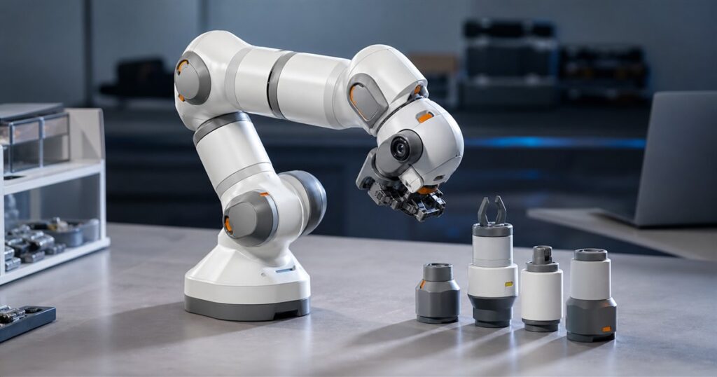 Generated product image of the Kynooe One modular AI robot arm on a desktop