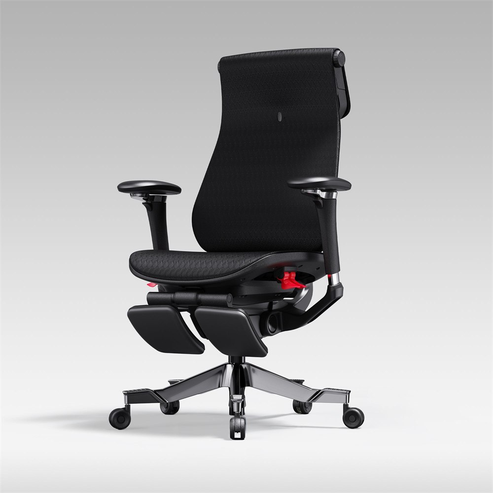 Black Lavenne R9 ergonomic chair side profile with adjustable armrests and leg rest