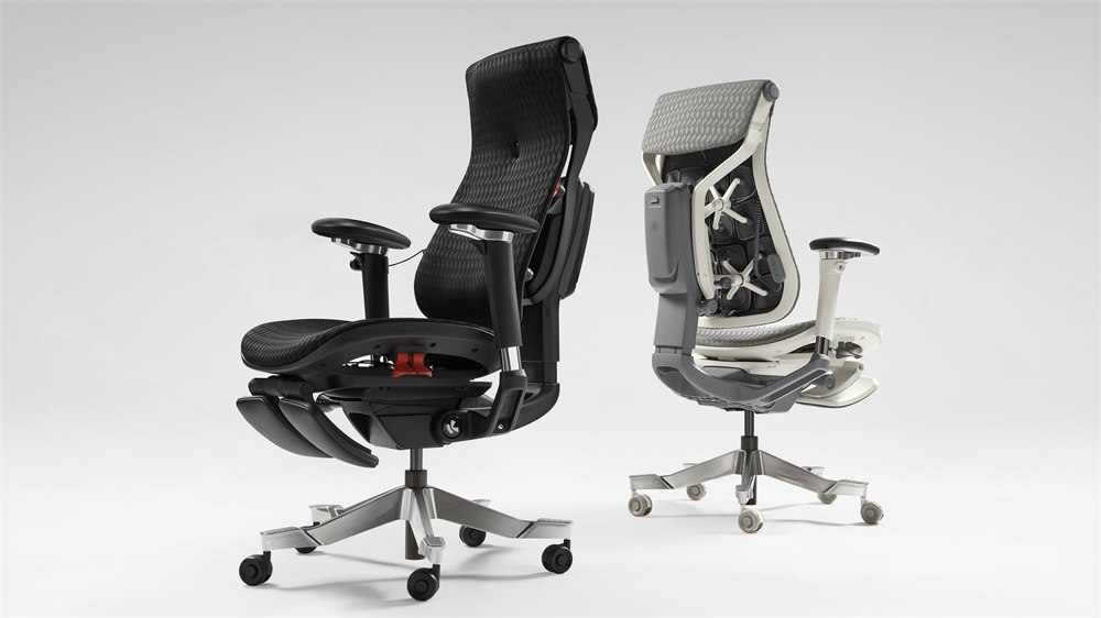 Black and gray Lavenne R9 ergonomic chairs showing the front and rear support hardware