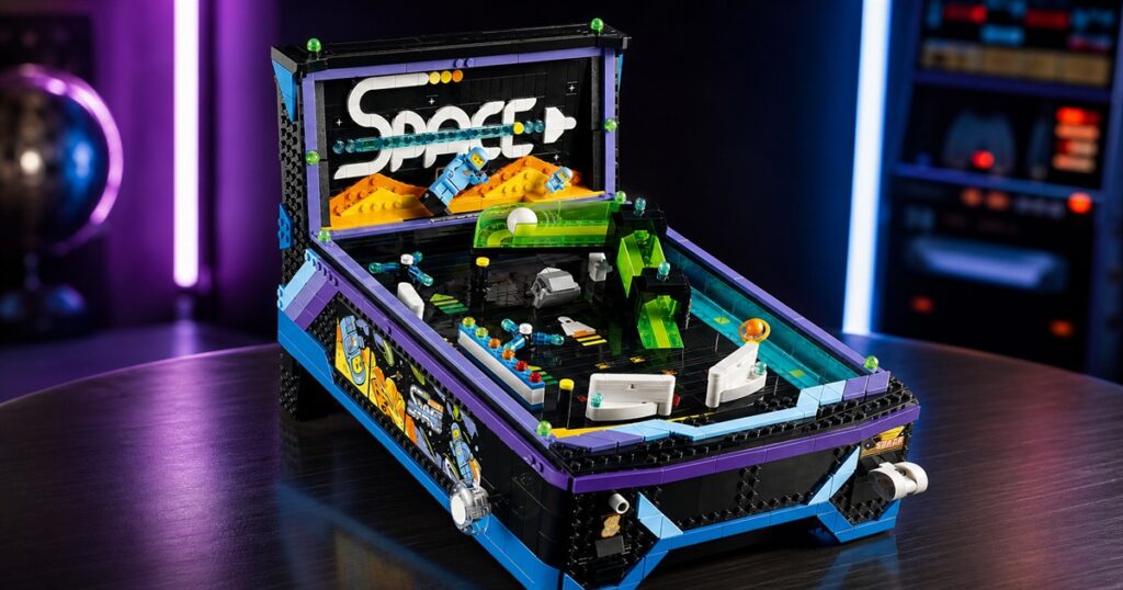 LEGO Icons Arcade Pinball Machine tabletop build with flippers and space-themed playfield