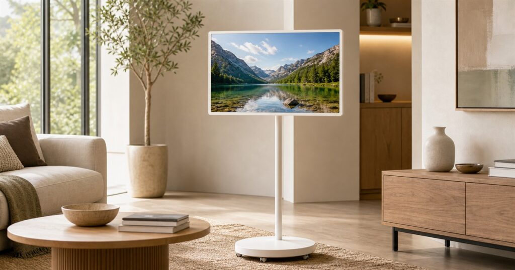 Generated product photo of a portable 4K touchscreen TV on a rolling stand