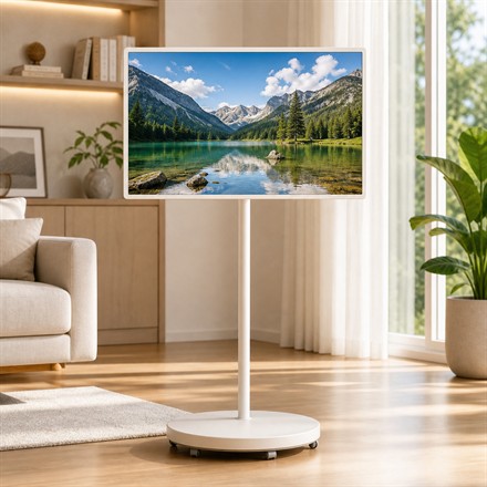 Generated square product photo of a portable 4K touchscreen TV on a rolling stand