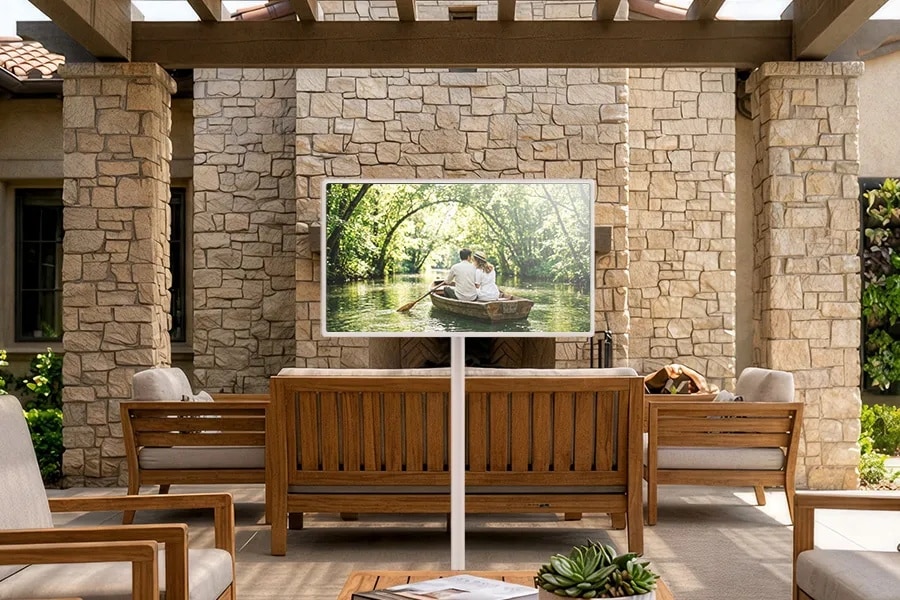 LG StanbyME 2 Max portable touchscreen rolled into a patio seating area
