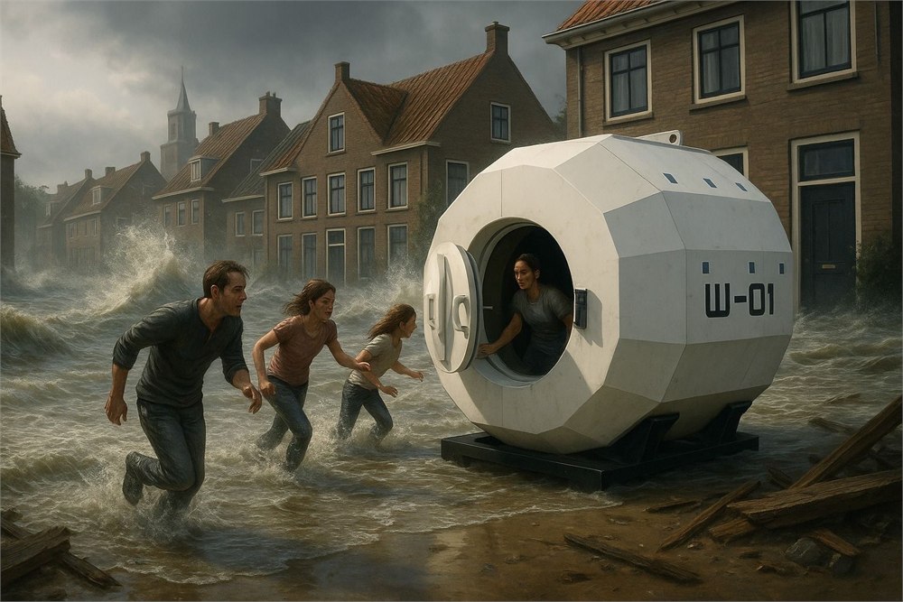 LifePods W01 flood survival capsule shown in a flood-response scenario render