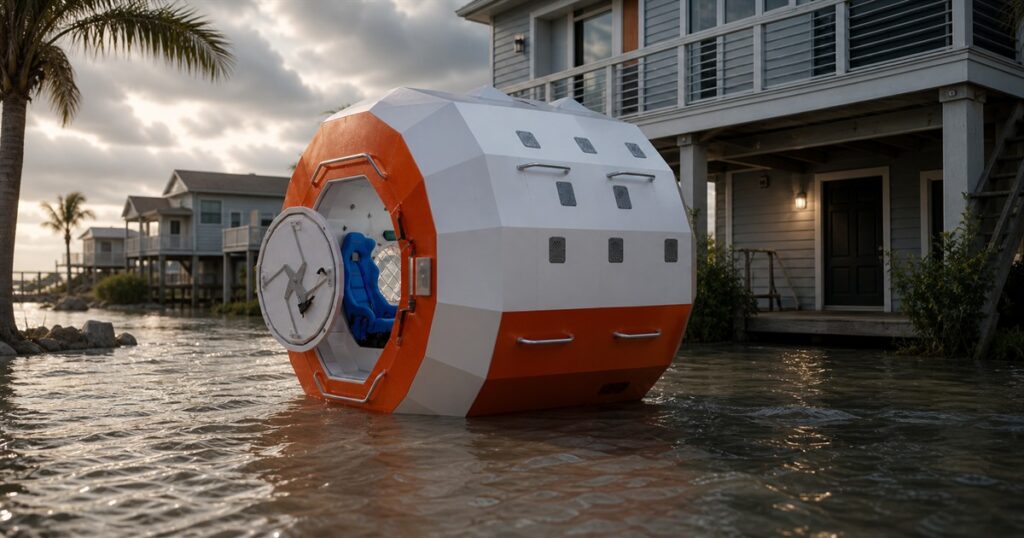AI-generated editorial image of the LifePods W01 floating survival capsule in shallow floodwater
